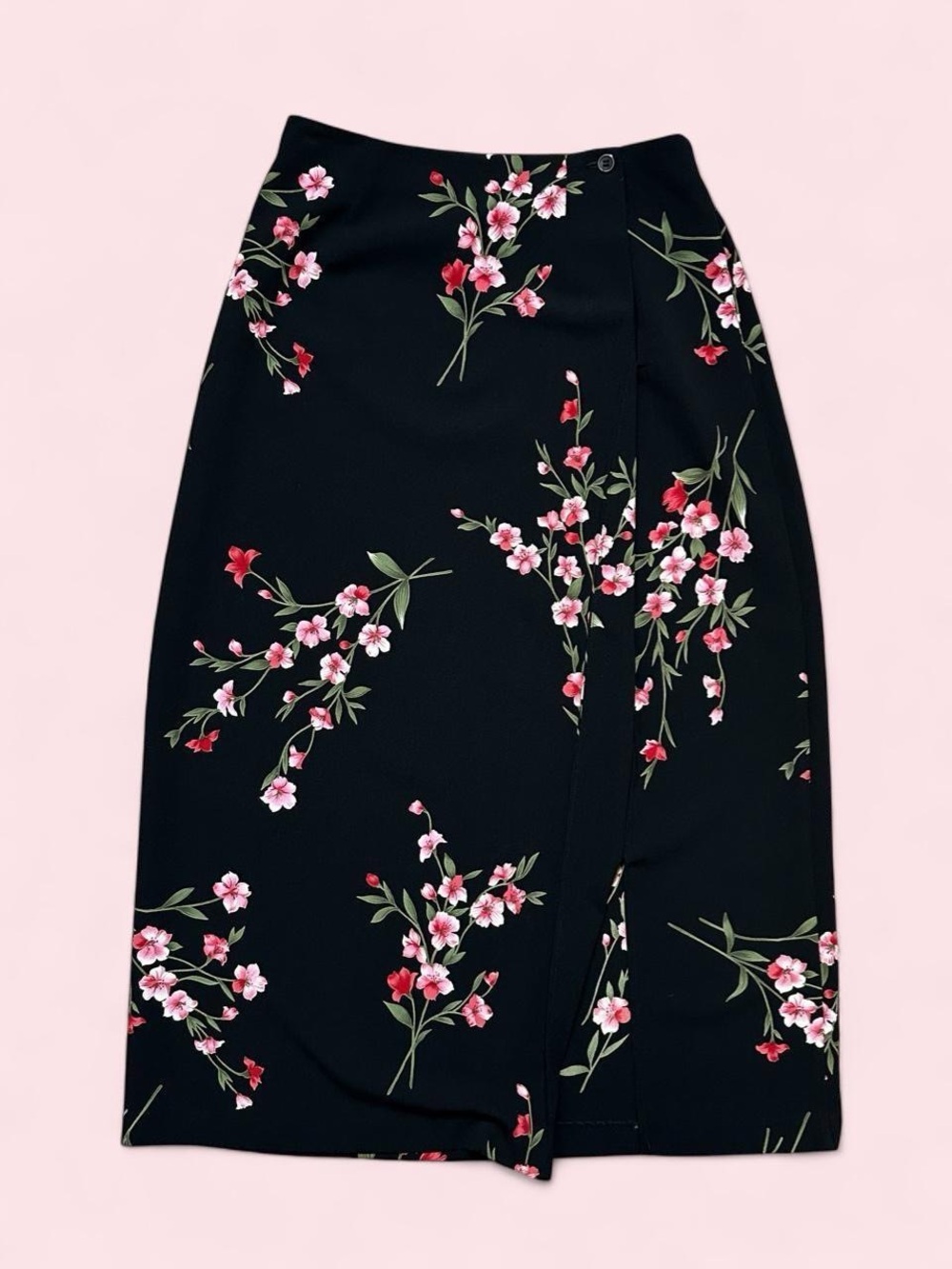 Vintage Requirements Black Midi Skirt with Pink Floral Print